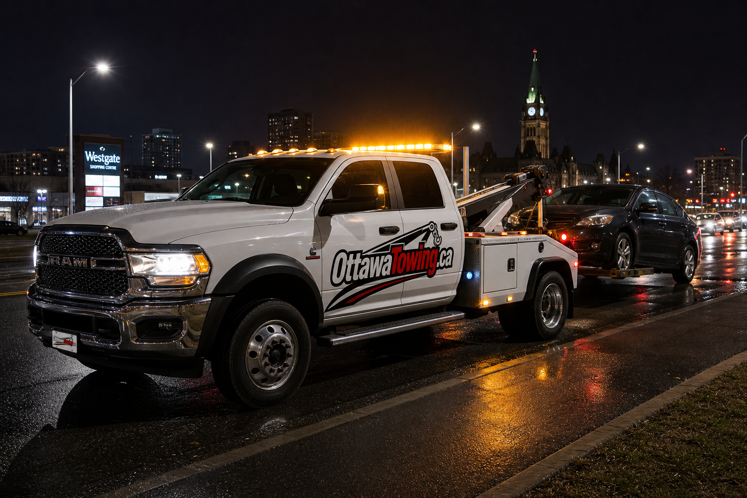 Ottawa Towing truck with amber lights at night