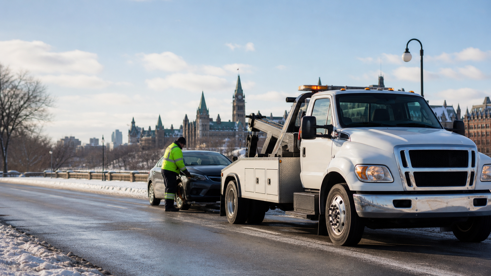 Tow truck helping a driver on an Ottawa road