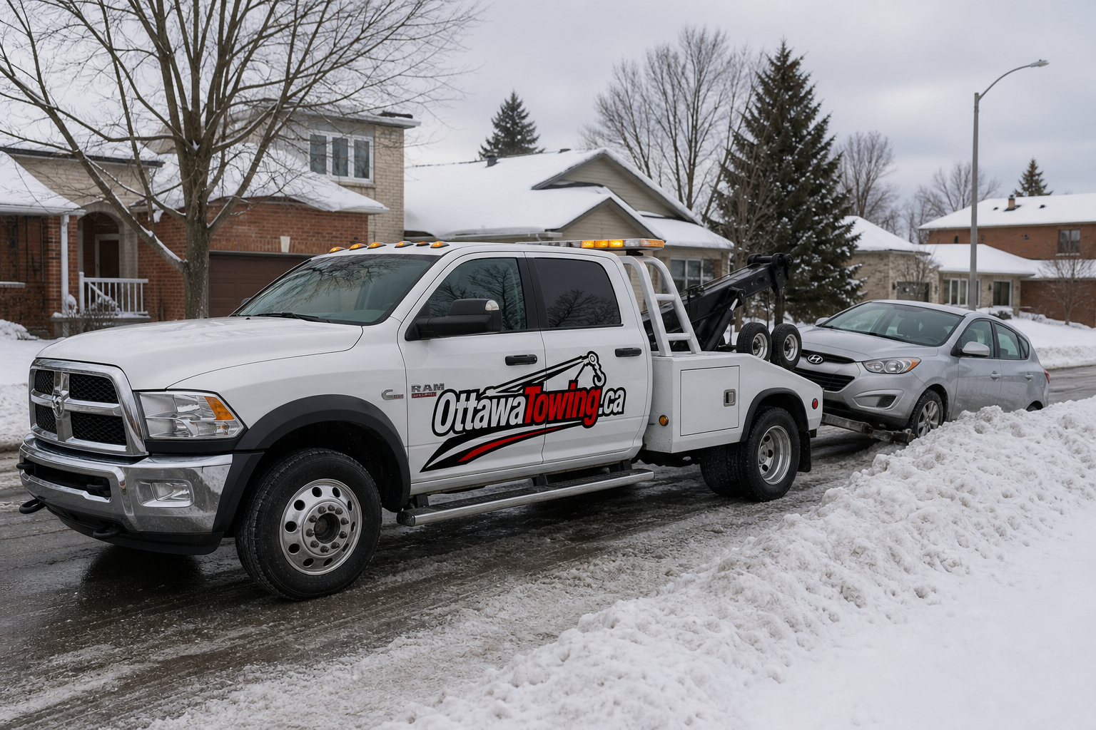Ottawa Towing truck helping a vehicle near a snowbank